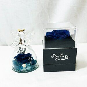 Holiday Romantic Angel Rose Dome Gift Set Blue Rose Necklace Surprise Box
